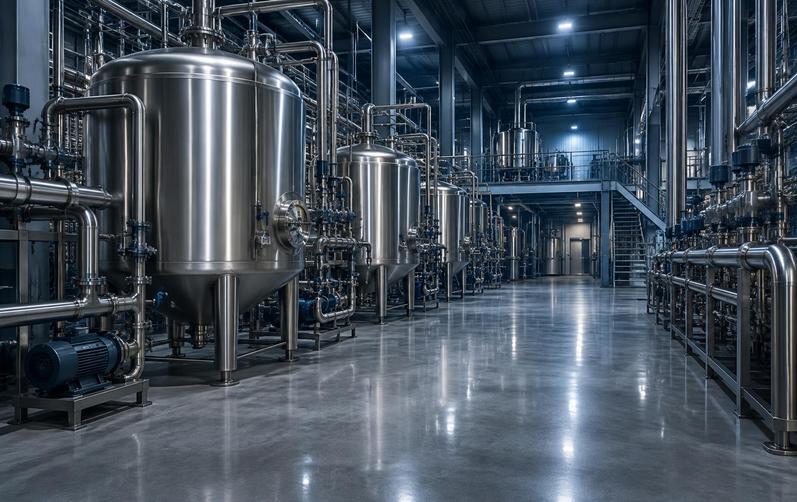 Stainless steel blending vessels and pipework inside the Creek Locaters blending hall